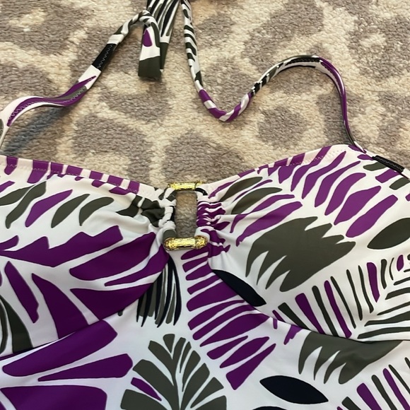 Lands End Womens One Piece Swimsuit Halter Tie Neck Purple Leaf Print 16 - Picture 2 of 5